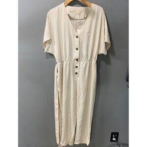 Melo Day Womens Jumpsuit L Beige Pockets Striped Button Front Belted NEW